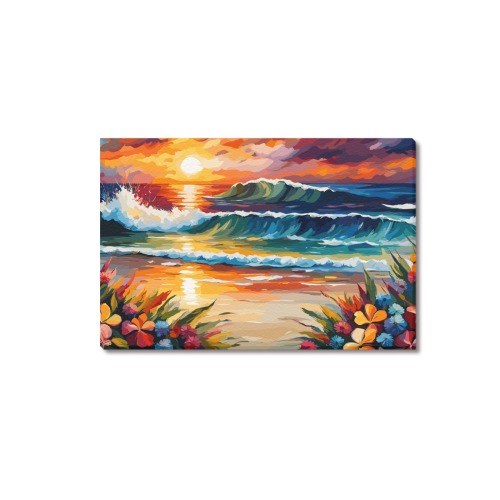 Ocean waves, beach sand, colorful flowers, sunset. Upgraded Canvas Print 18"x12"