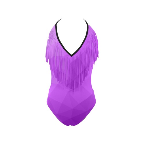 Purple gradient geometric mesh pattern Women's Fringe Swimsuit (Model S32)