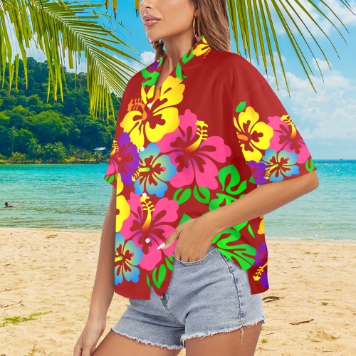 Hibiscus Hawaiian Flowers - Red Women's All Over Print Hawaiian Shirt (T58-2)