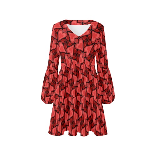 Heart Pattern Love Story Red on Black V-Neck Loose Fit Dress (Model D62)