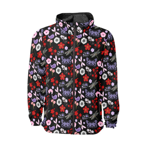 Black, Red, Pink, Purple, Dragonflies, Butterfly and Flowers Design Unisex All Over Print Windbreaker (Model H23)