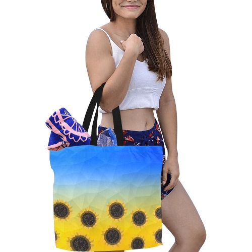 Ukraine yellow blue geometric mesh pattern Sunflowers All Over Print Canvas Tote Bag/Large (Model 1699)
