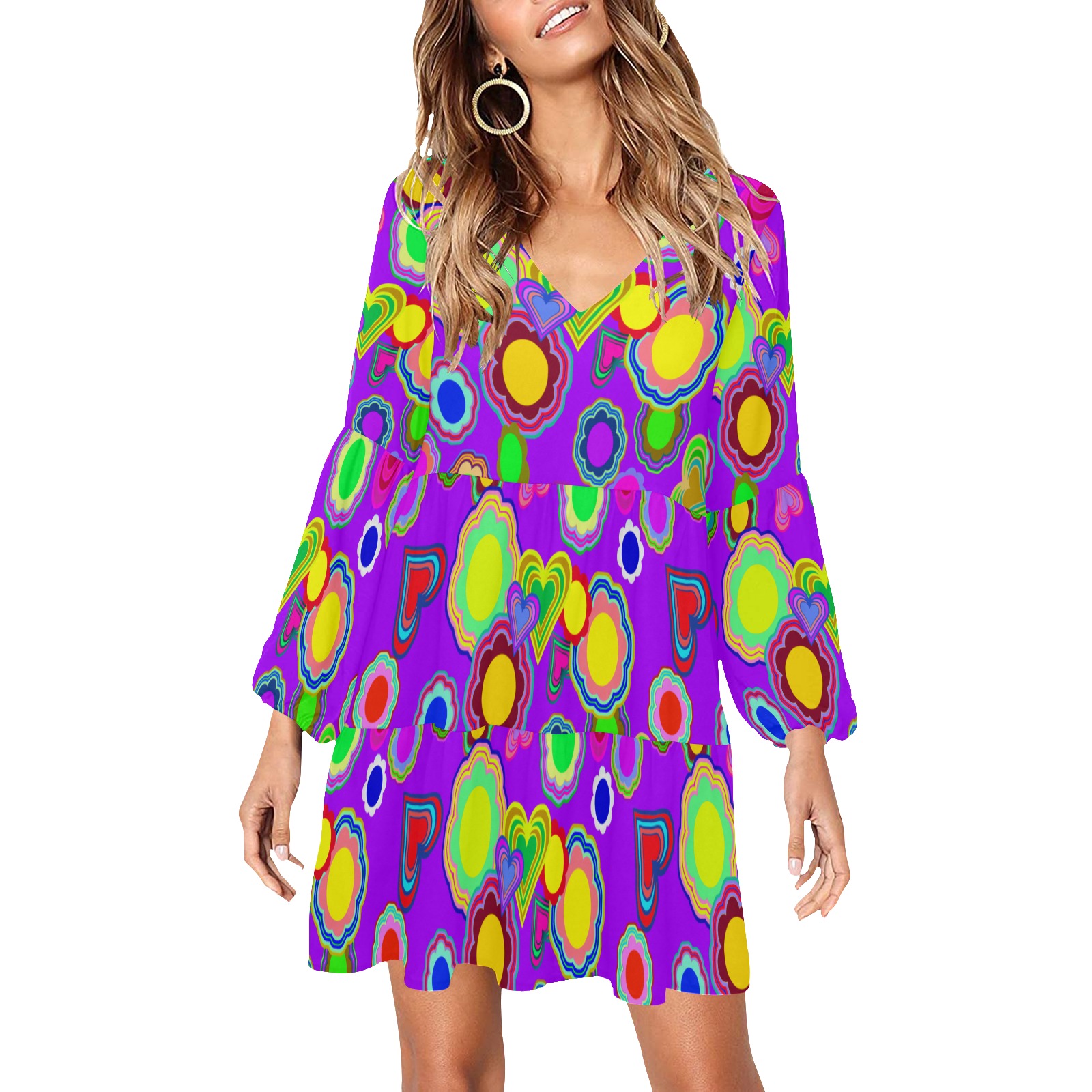 Groovy Hearts and Flowers Purple V-Neck Loose Fit Dress (Model D62)