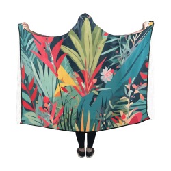 Tropical flowers, plants boho art on black. Hooded Blanket 60''x50''