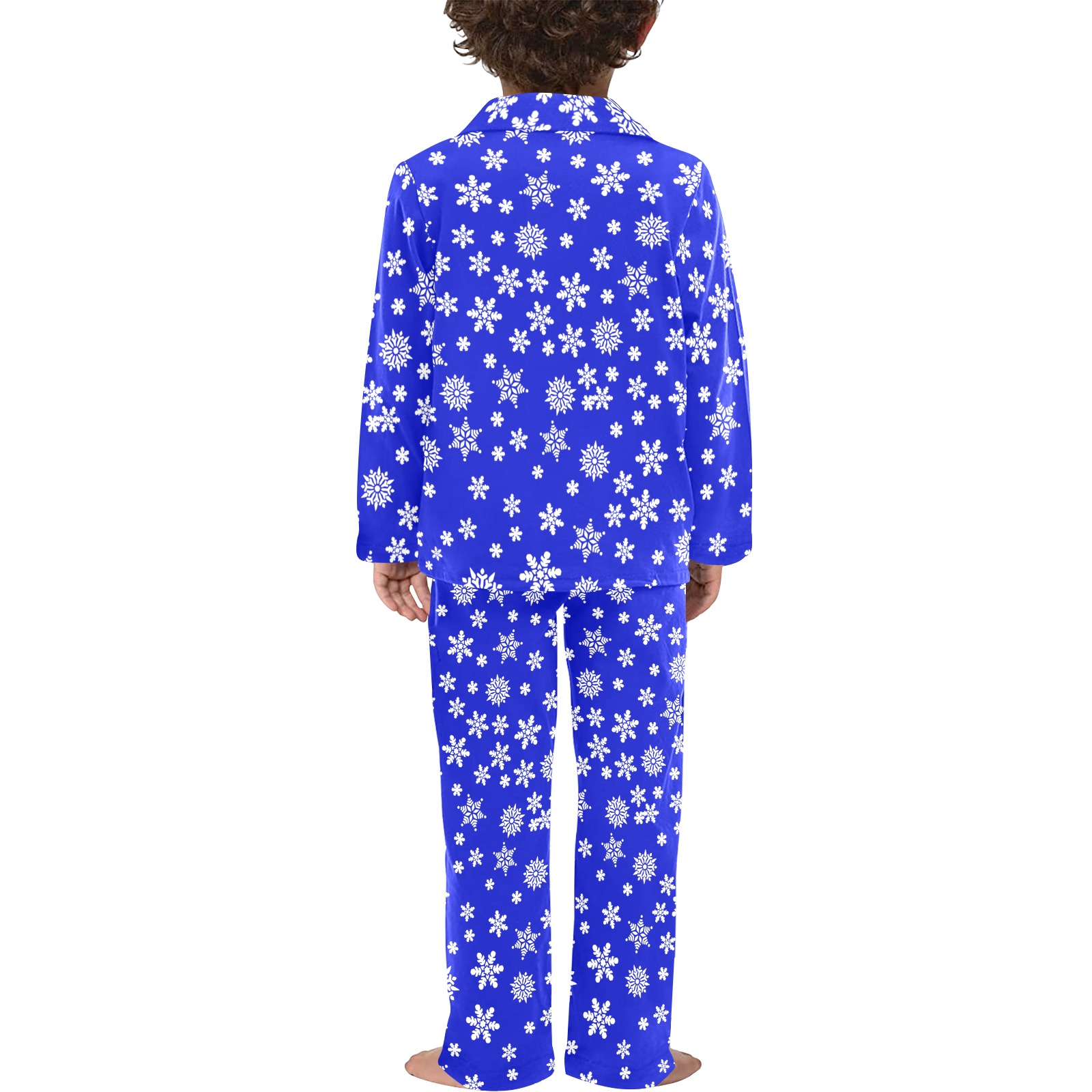 Christmas White Snowflakes on Blue Little Boys' V-Neck Long Pajama Set (Sets 02)