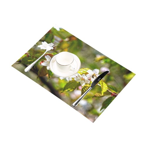 Small bee on a sakura flowers on a sunny day. Placemat 12’’ x 18’’ (Set of 6)