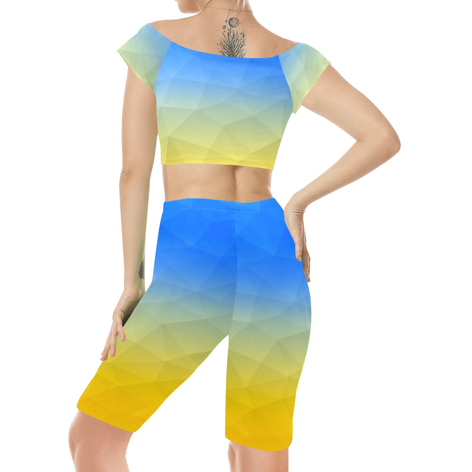 Ukraine yellow blue geometric mesh pattern Women's Crop Top Yoga Set