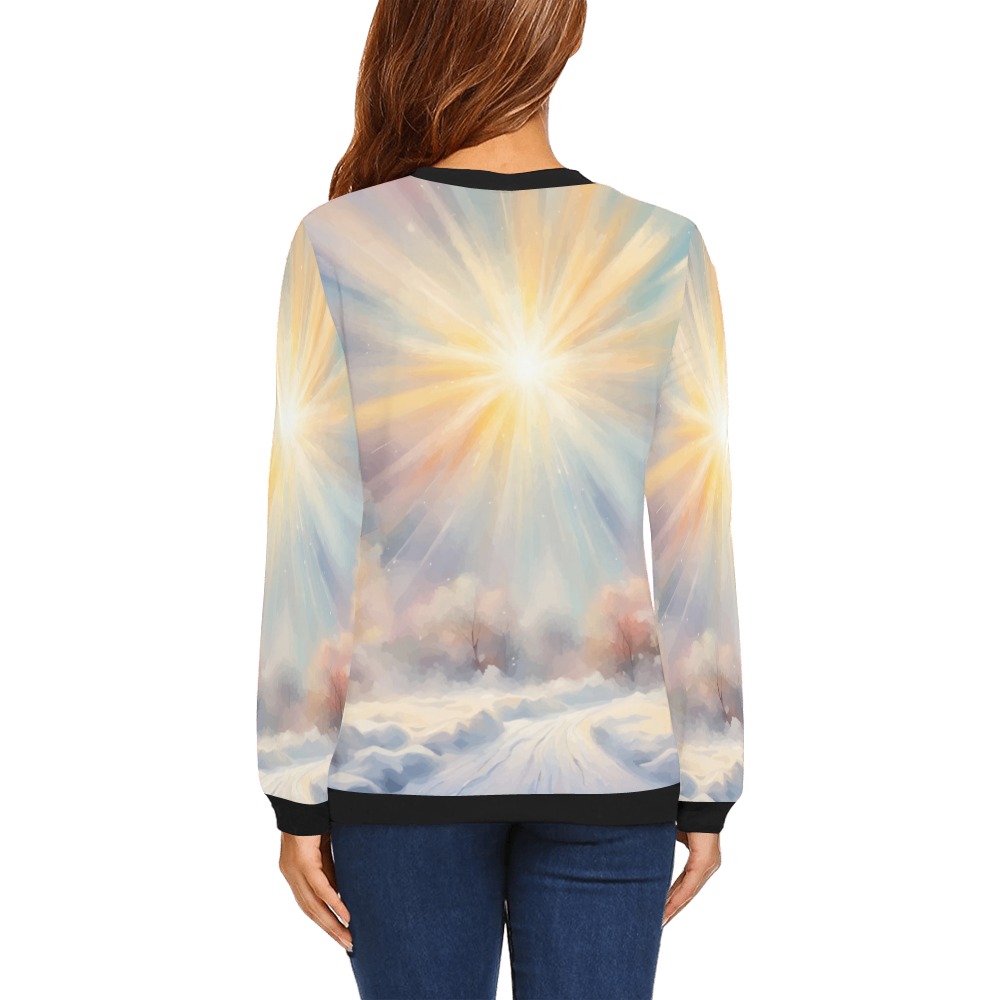 Magical sun is shining over the winter road art All Over Print Crewneck Sweatshirt for Women (Model H18)