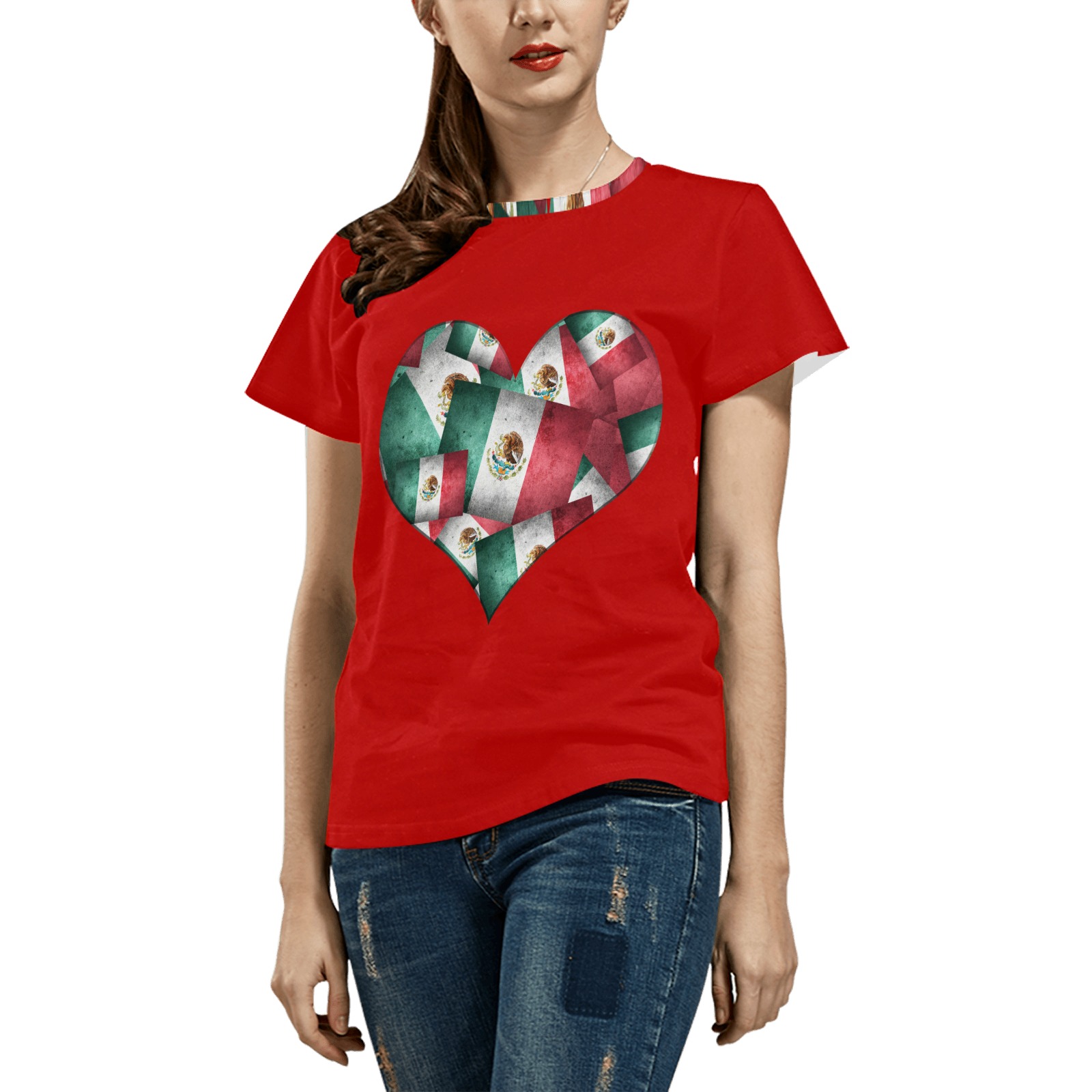 Mexican Pattern - Flags of Mexico Heart on Red All Over Print T-Shirt for Women (USA Size) (Model T40)