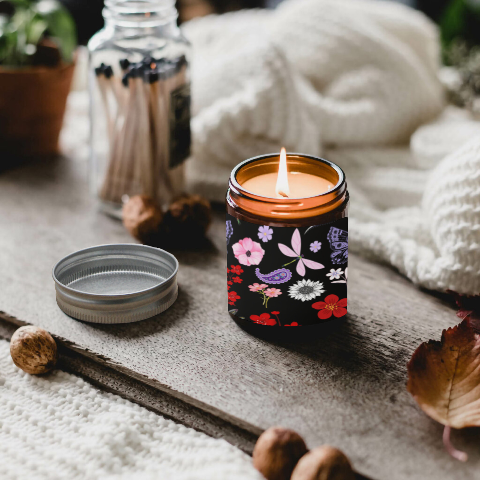 Black, Red, Pink, Purple, Dragonflies, Butterfly and Flowers Design Tawny Candle Cup - Large Size (Rose Sandal)