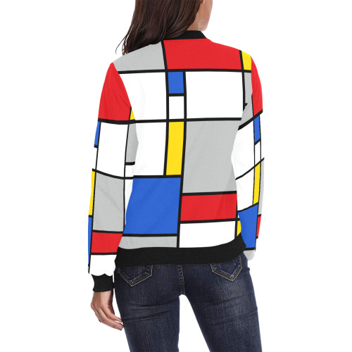 Geometric Retro Mondrian Style Color Composition All Over Print Bomber Jacket for Women (Model H36)