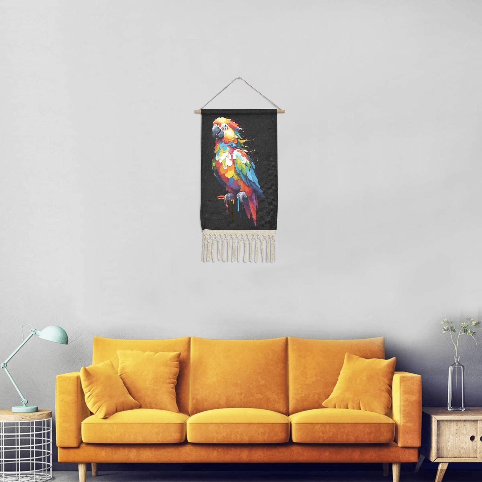 Beautiful colorful parrot bird and dripping paint. Linen Hanging Poster