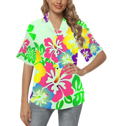 Hibiscus Hawaiian Flowers on Green All Over Print Hawaiian Shirt for Women (Model T58)