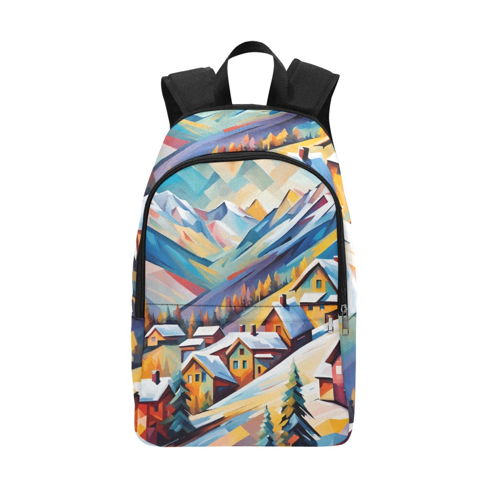 Fantasy mountain village skiing destination art Fabric Backpack for Adult (Model 1659)