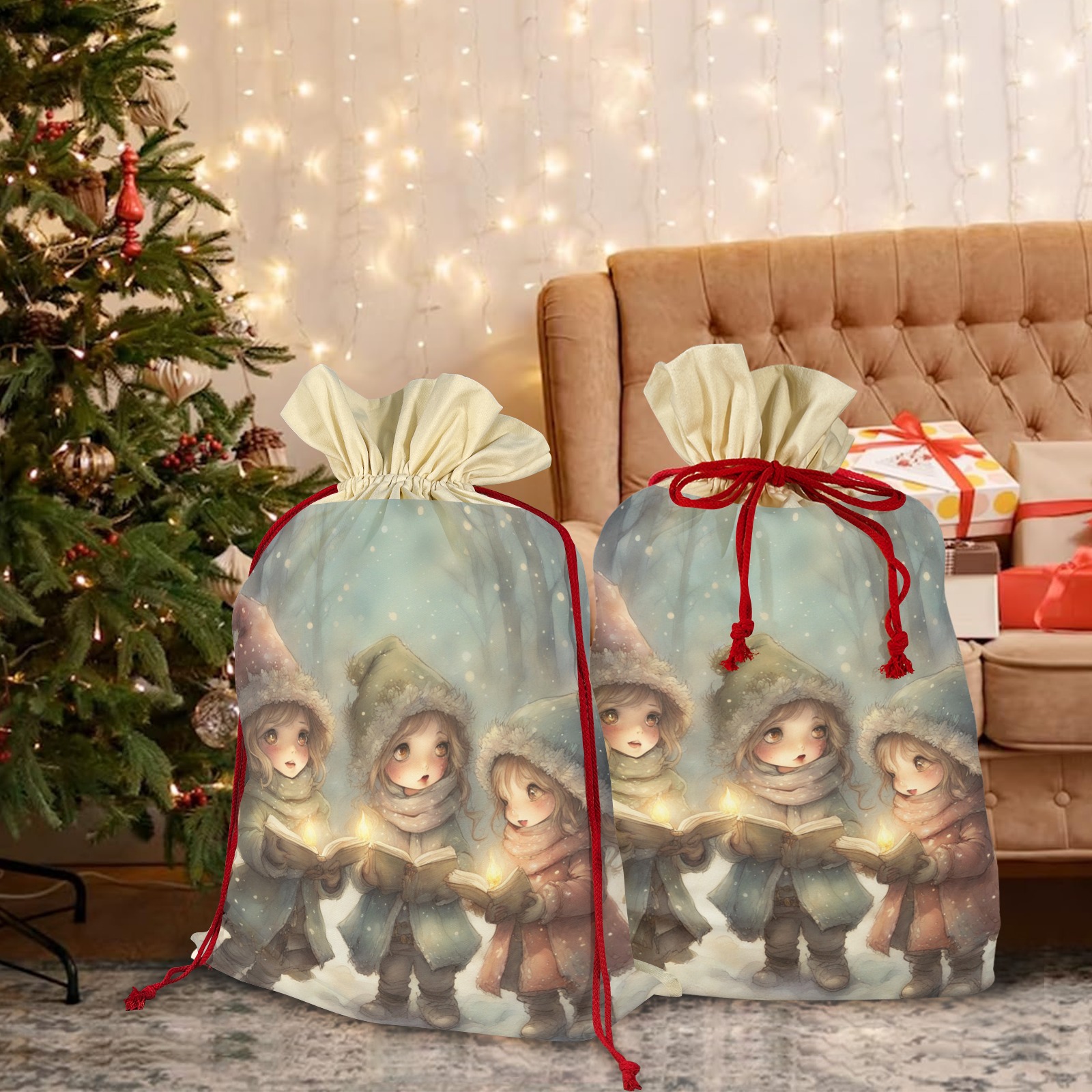 Christmas Carolers Santa Claus Drawstring Bag 21"x32" (Two Sides Printing)