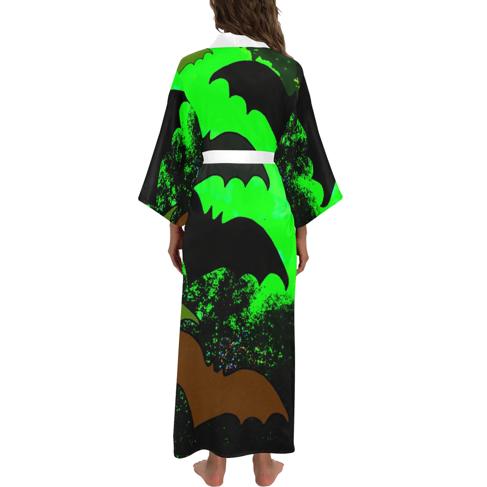 Bats In Flight Green Long Kimono Robe
