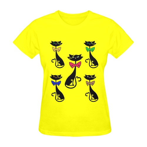 Black Cat with Bow Ties - Yellow Sunny Women's T-shirt (Model T05)