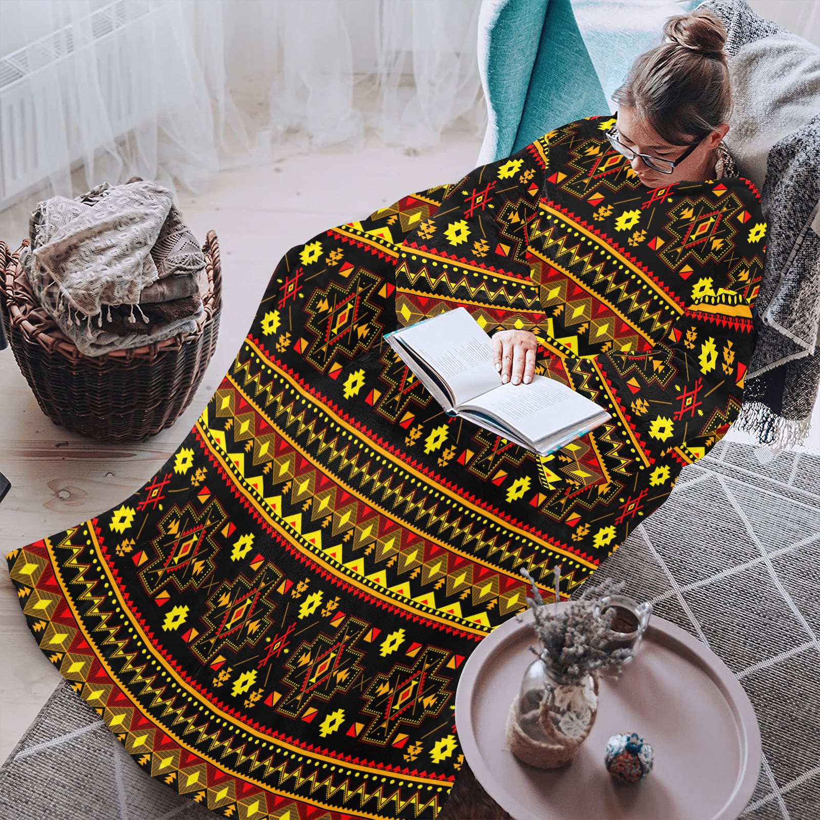 Aboriginal Ethnic Tribal Pattern Blanket Robe with Sleeves for Adults