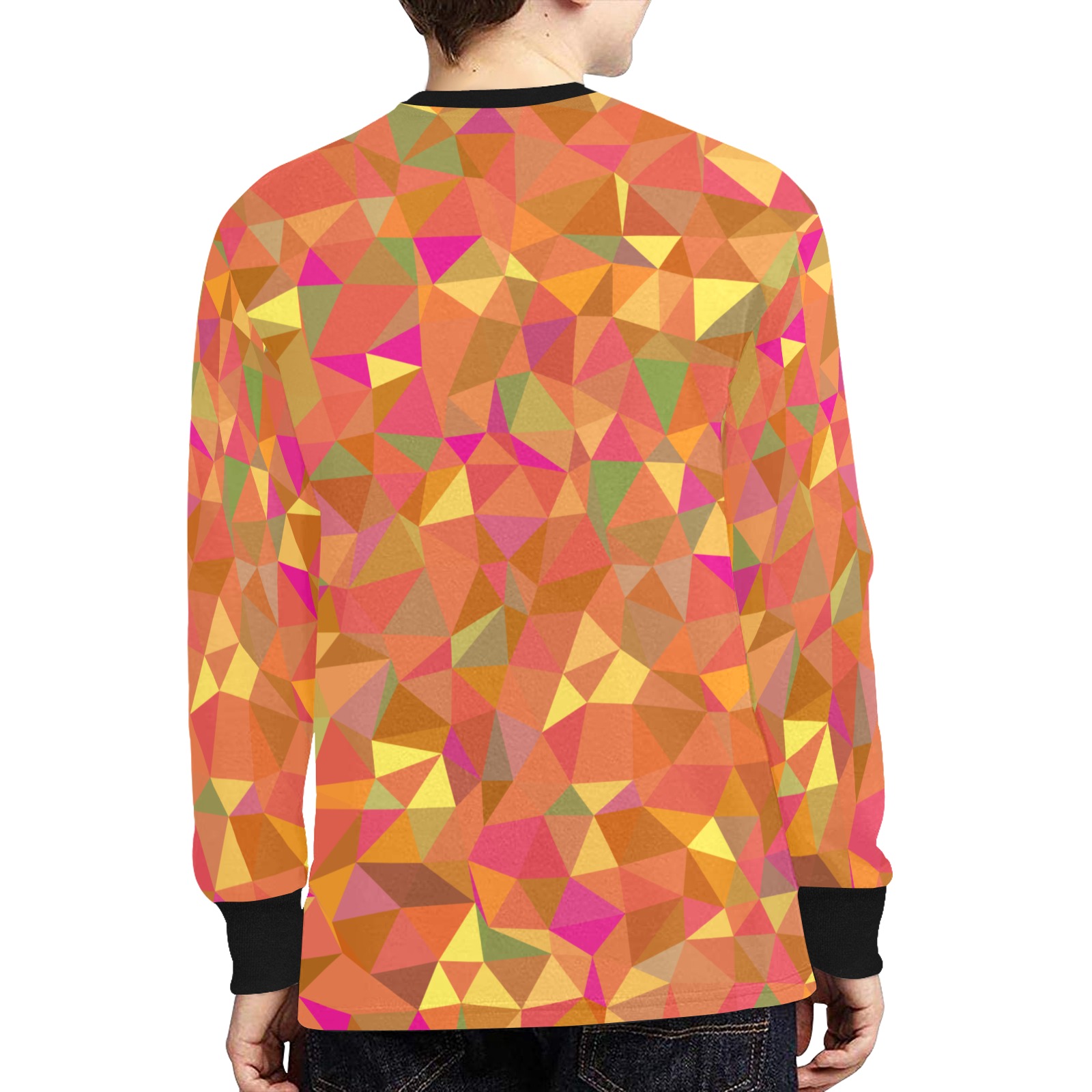 Orange Yellow Pink Green Op Art Triangles Kids' Rib Cuff Long Sleeve T-shirt (Model T64)