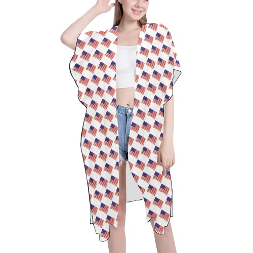 Betsy Ross American Flags Mid-Length Side Slits Chiffon Cover Ups (Model H50)