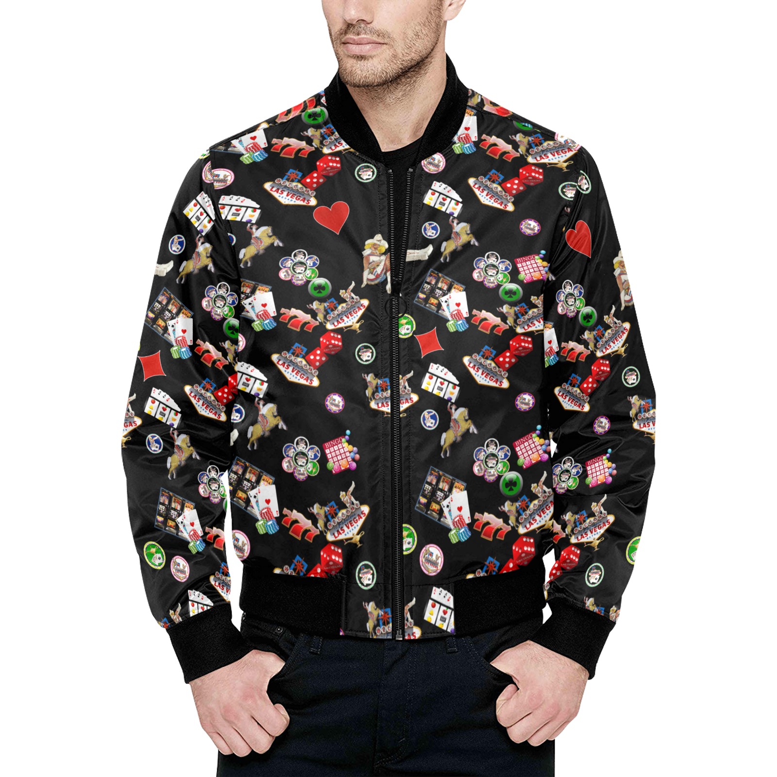 Famous Las Vegas Icons Black All Over Print Quilted Bomber Jacket for Men (Model H33)