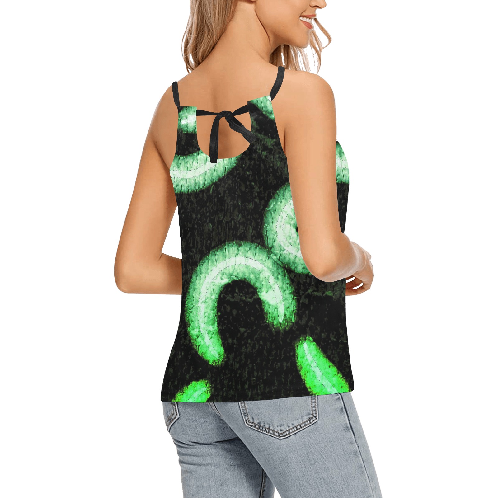 Distressed Hearts Green Loose Fit Halter Neck Top (Model T68)
