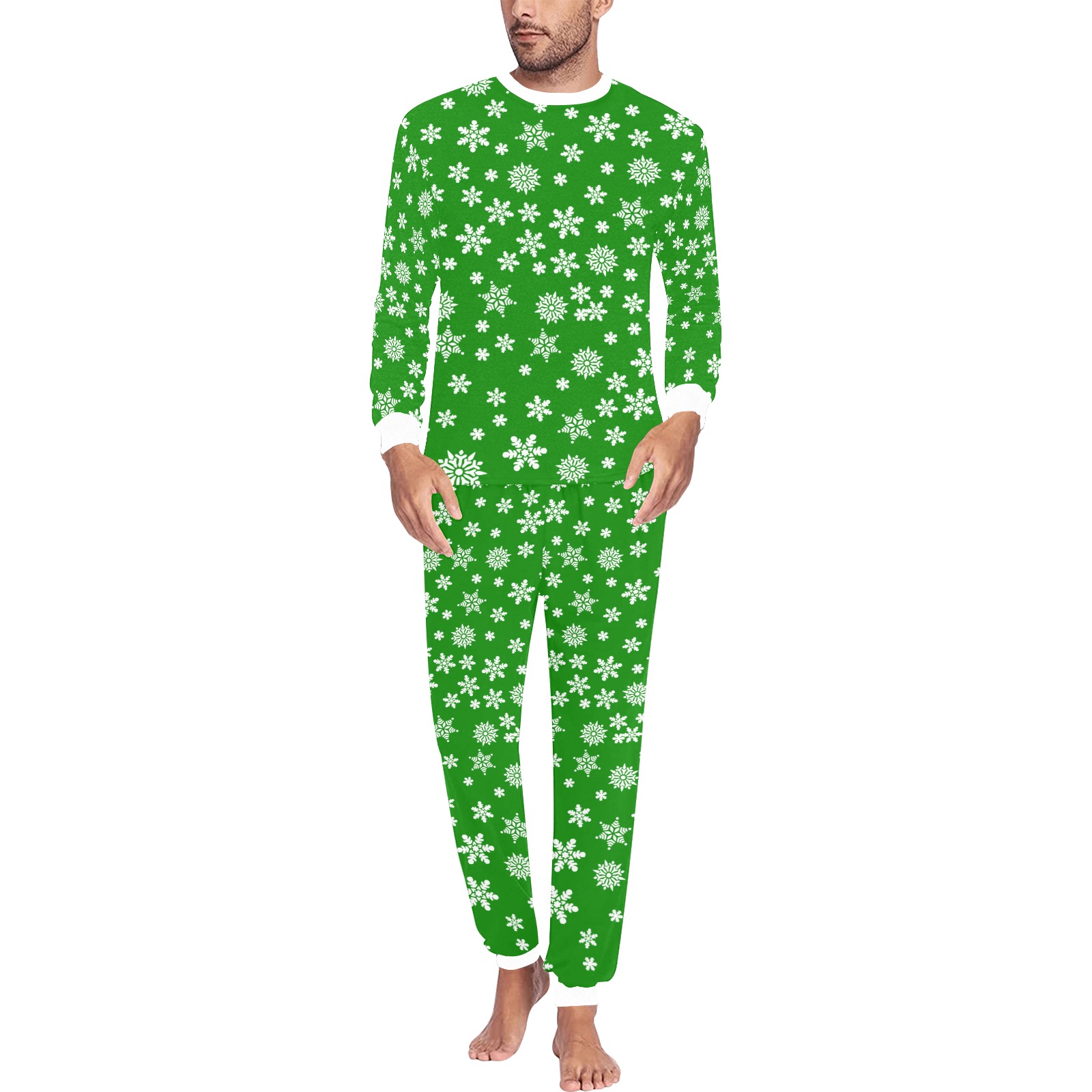 Christmas White Snowflakes on Green Men's All Over Print Pajama Set