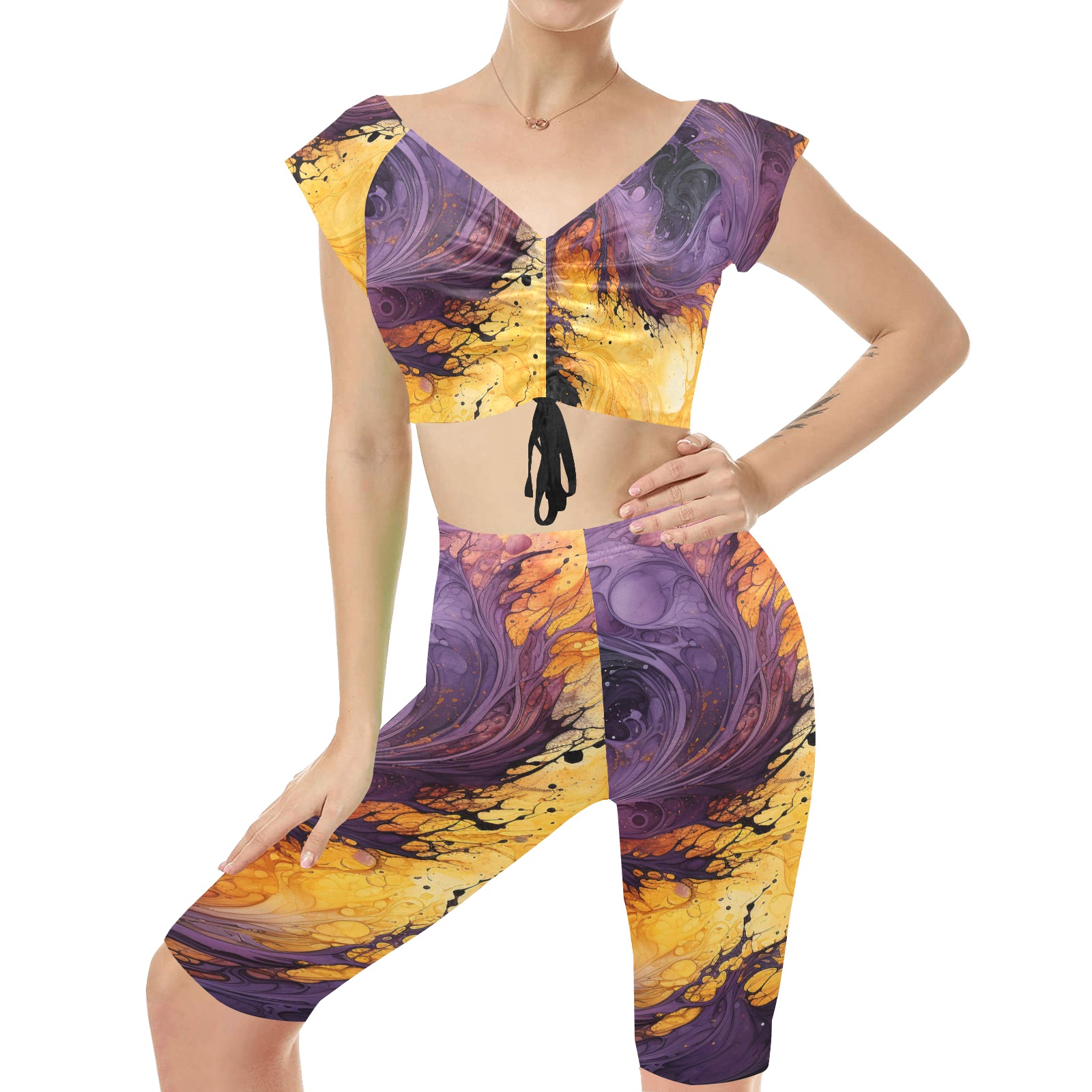 Ladies Yoga Workout  Clothing Purple/Yellow/Black Women's Crop Top Yoga Set