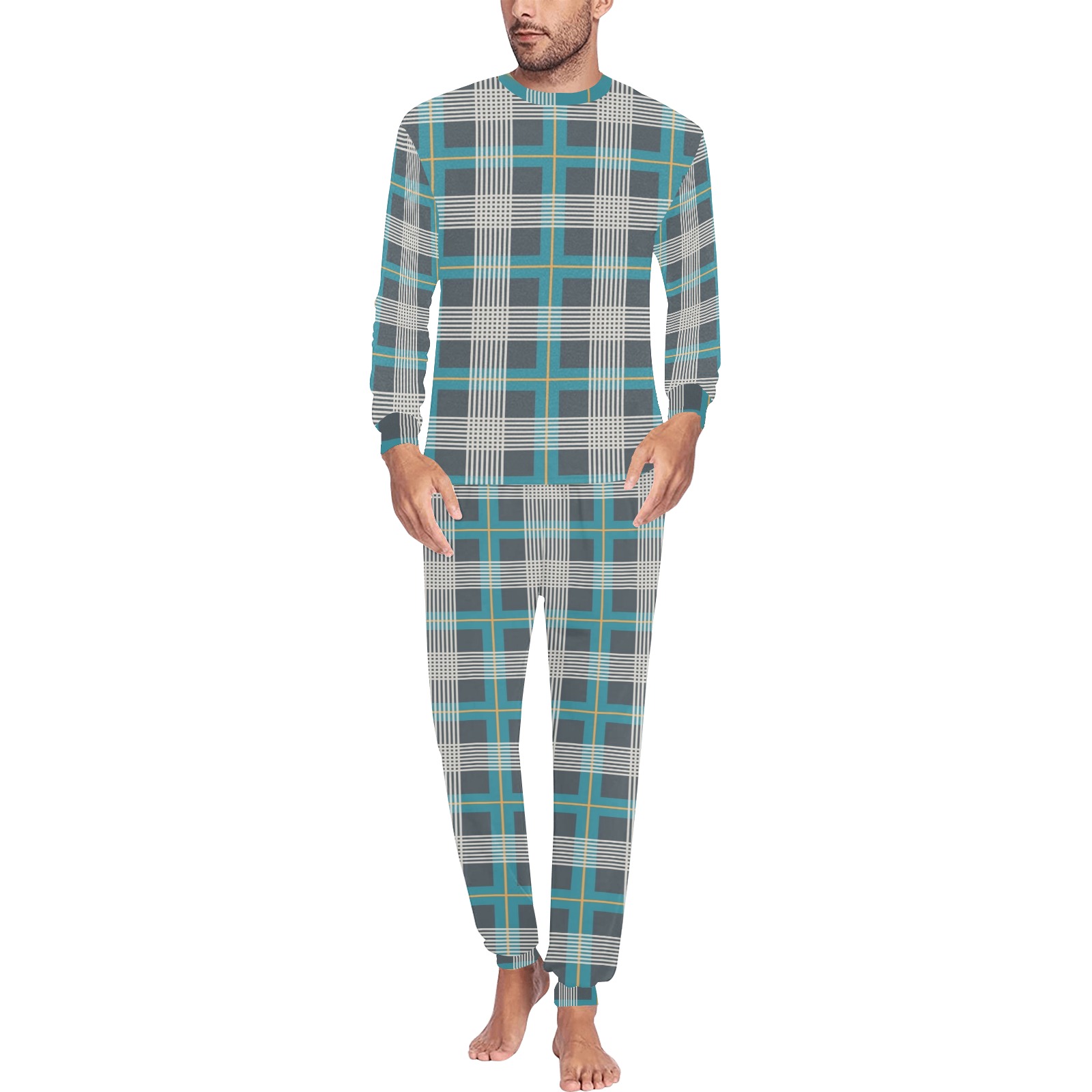 Abstract Plaid Men's All Over Print Pajama Set with Custom Cuff