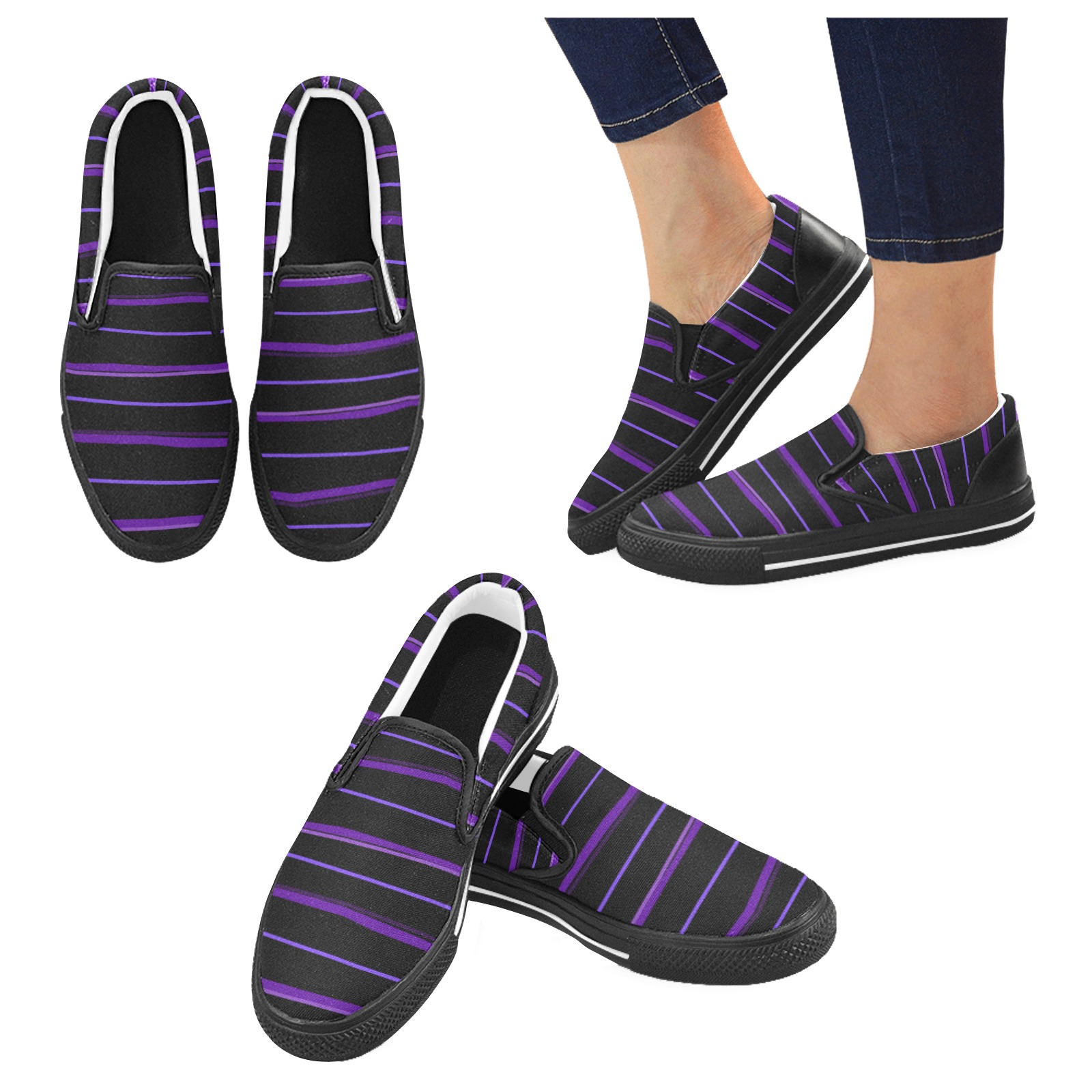 Ultraviolet Purple Stripes on Black Women's Unusual Slip-on Canvas Shoes (Model 019)