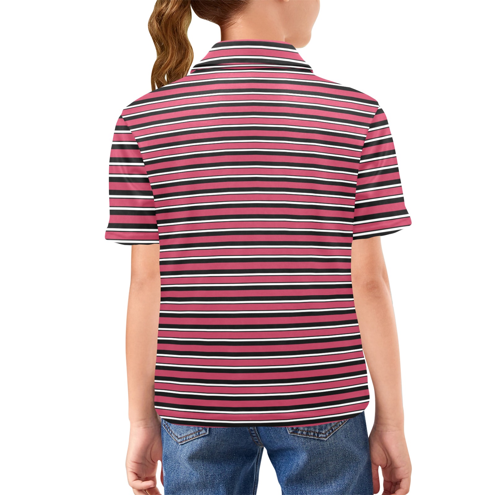 Magenta, Black and White Stripes Big Girls' All Over Print Polo Shirt (Model T55)
