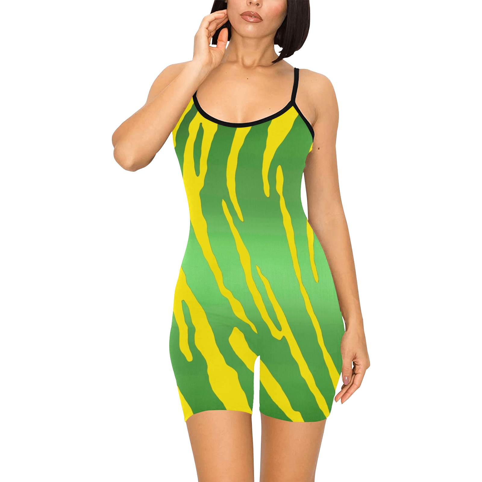 Metallic Tiger Stripes Green Yellow Women's Short Yoga Bodysuit