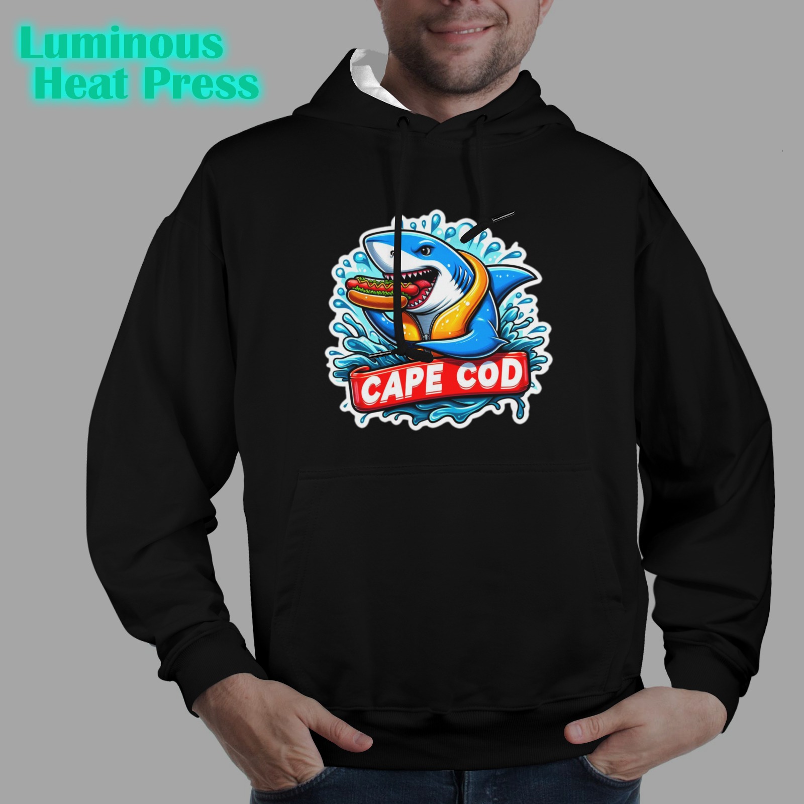 CAPE COD-GREAT WHITE EATING HOT DOG 3 Men's Glow in the Dark Hoodie (Front Printing)