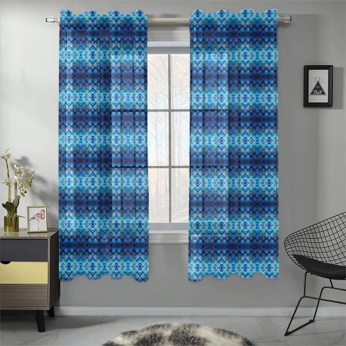 sky blue and dark blue repeating pattern Gauze Curtain 28"x63" (Two-Piece)