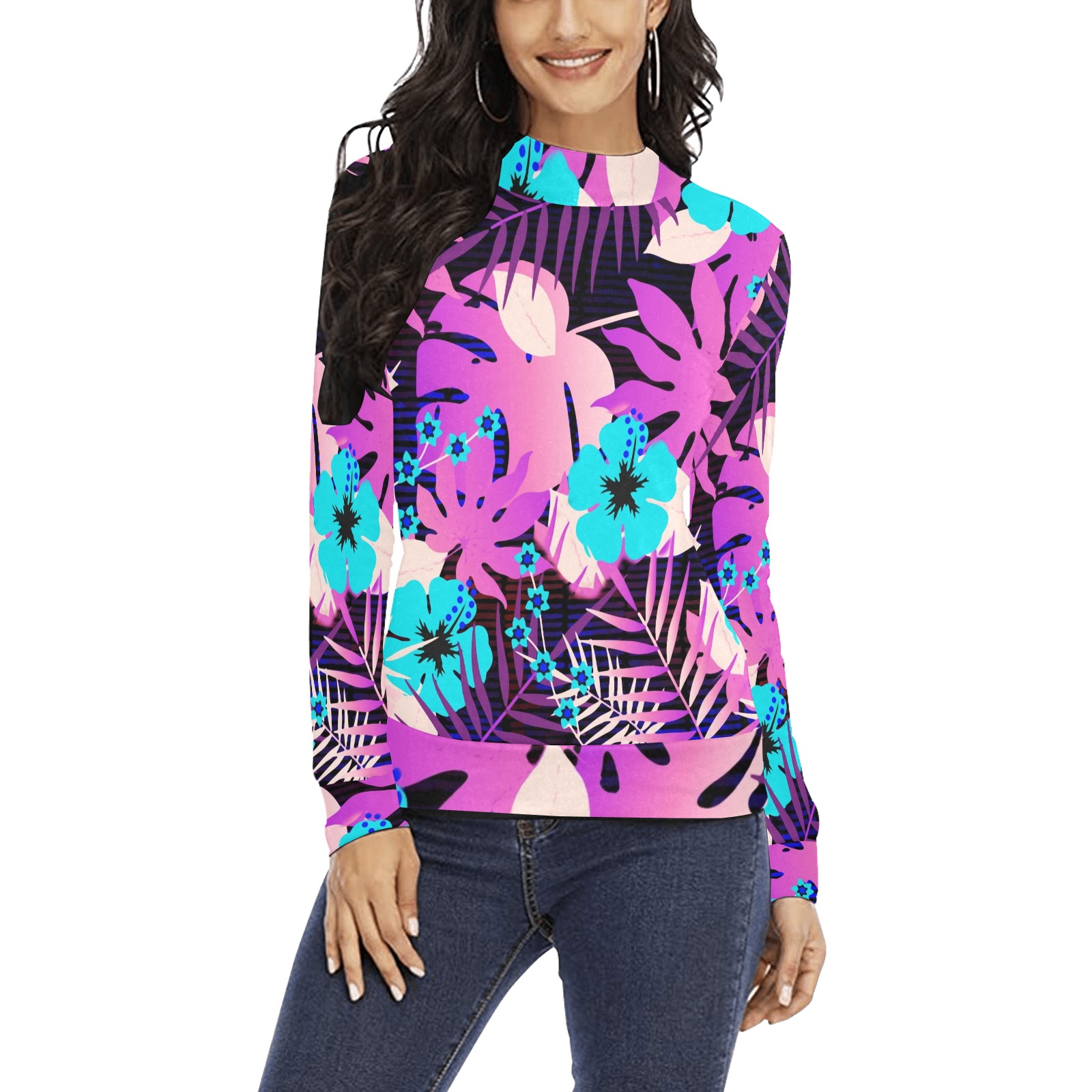GROOVY FUNK THING FLORAL PURPLE Women's All Over Print Mock Neck Sweatshirt (Model H43)