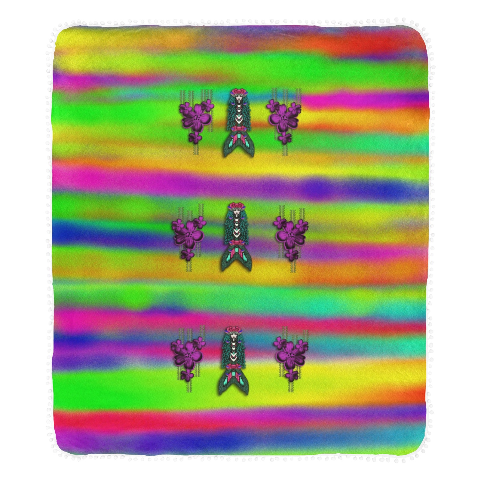mermaids and unicorn colors for flower joy Pom Pom Fringe Blanket 60"x80"