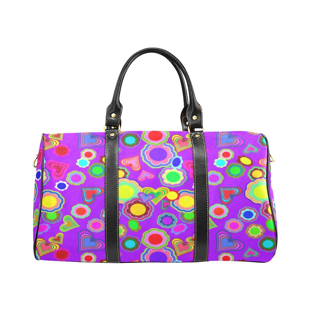 Groovy Hearts and Flowers Purple New Waterproof Travel Bag/Small (Model 1639)