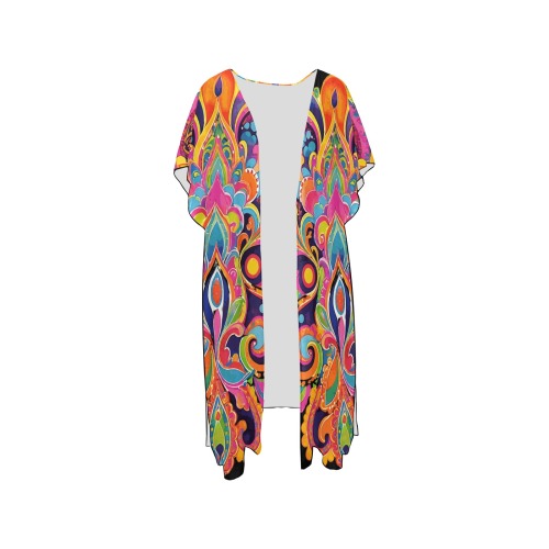 Abstract Retro Hippie Paisley Floral Mid-Length Side Slits Chiffon Cover Ups (Model H50)