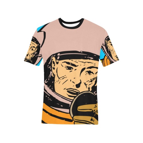 astronaut Men's All Over Print T-Shirt (Solid Color Neck) (Model T63)