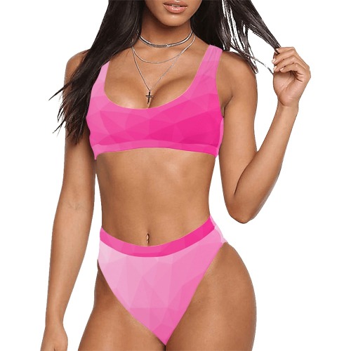 Hot pink gradient geometric mesh pattern Sport Top & High-Waisted Bikini Swimsuit (Model S07)