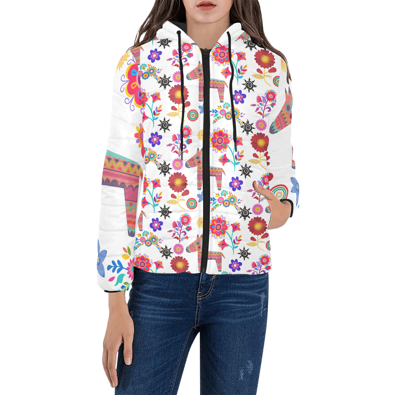 Alpaca Pinata and Flowers Women's Padded Hooded Jacket (Model H46)