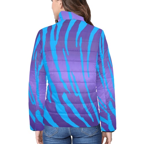 Metallic Tiger Stripes Purple Blue Women's Stand Collar Padded Jacket (Model H41)
