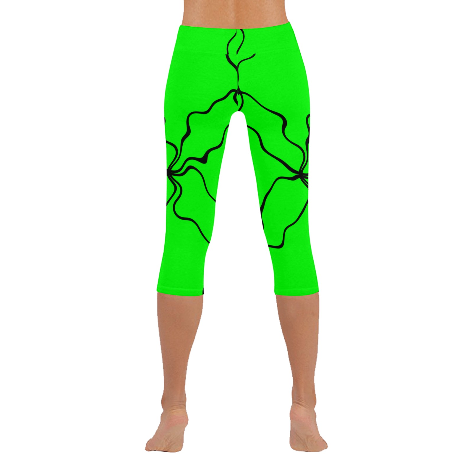 Black InterlockingCircles Noisy Green Women's Low Rise Capri Leggings (Invisible Stitch) (Model L08)