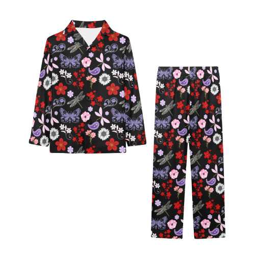 Black, Red, Pink, Purple, Dragonflies, Butterfly and Flowers Design Little Girls' V-Neck Long Pajama Set