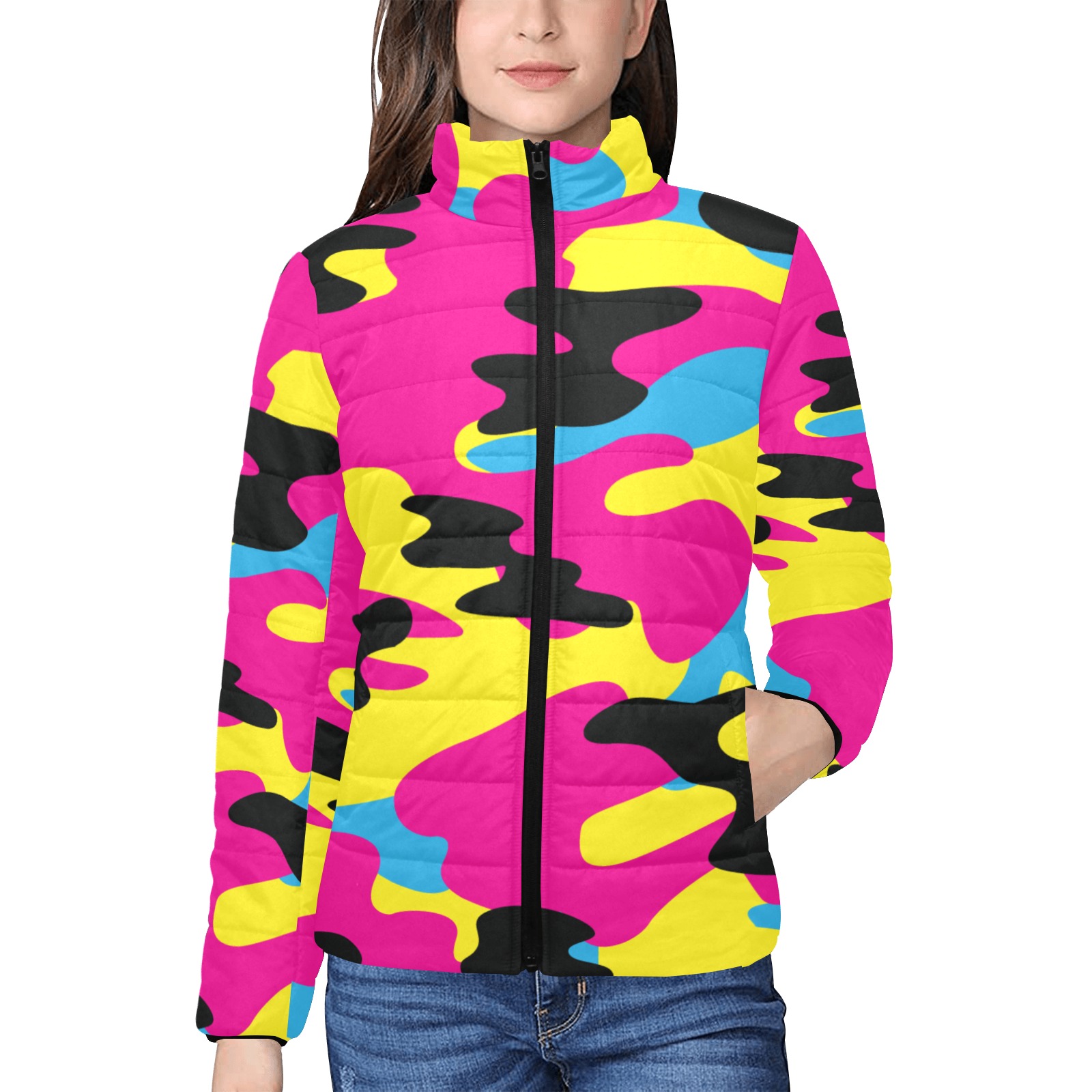 Colorful Camo Women's Stand Collar Padded Jacket (Model H41)