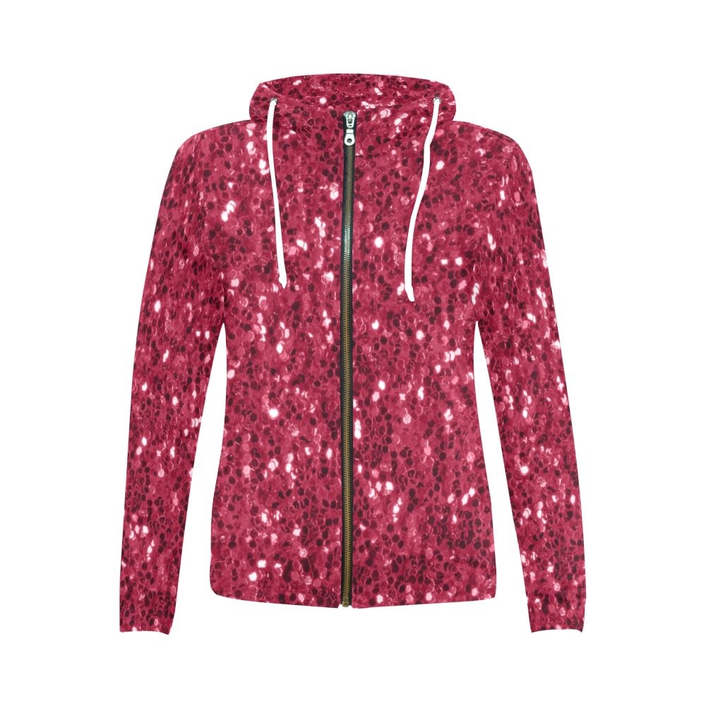 Magenta dark pink red faux sparkles glitter All Over Print Full Zip Hoodie for Women (Model H14)