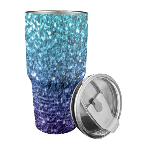 Aqua blue ombre faux glitter sparkles beautiful girly shiny bling design for her 30oz Insulated Stainless Steel Mobile Tumbler