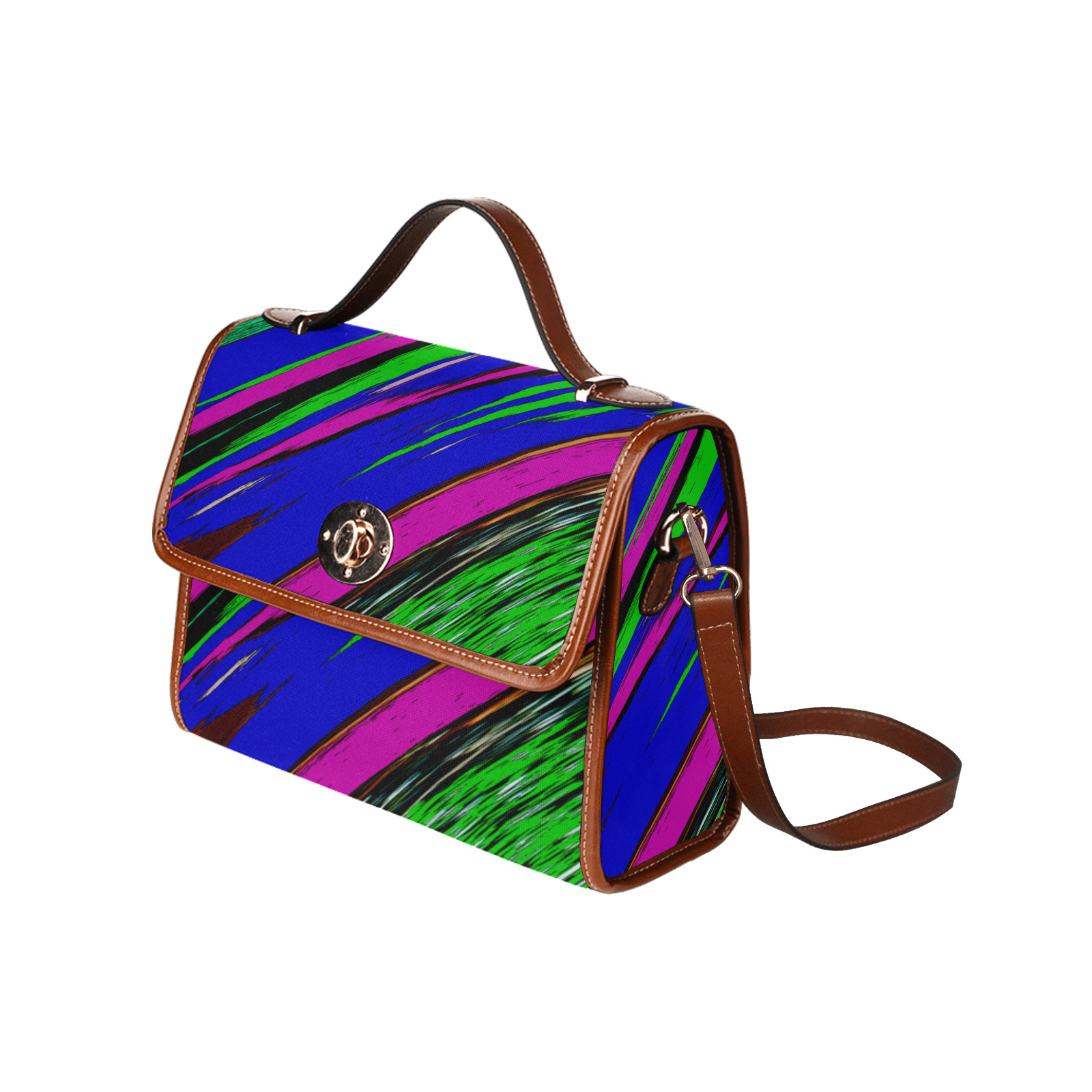 Diagonal Green Blue Purple And Black Abstract Art Waterproof Canvas Bag-Brown (All Over Print) (Model 1641)
