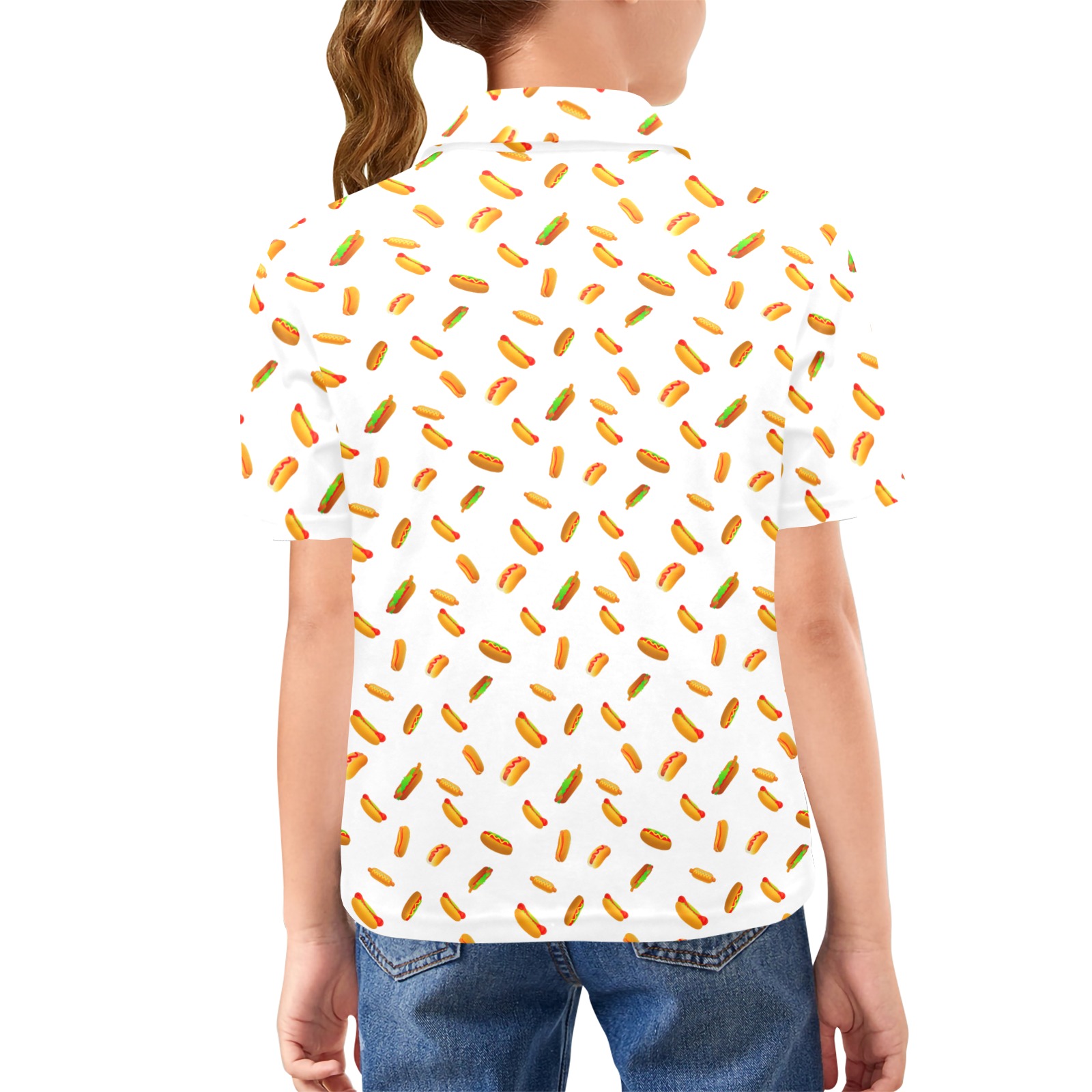 Hot Dog Pattern on White Big Girls' All Over Print Polo Shirt (Model T55)
