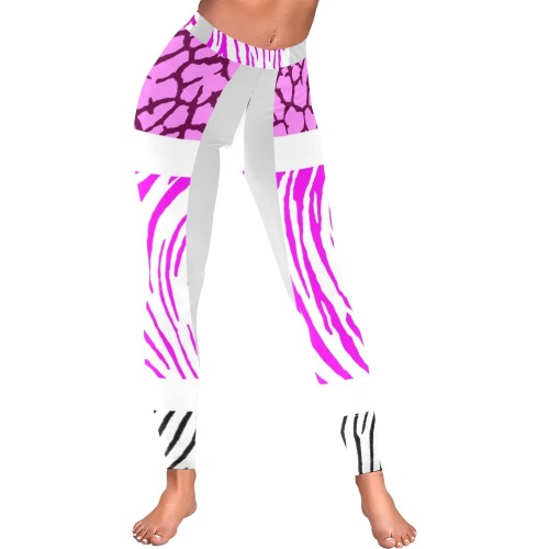White and Pink Mixed Animal Print Women's Low Rise Leggings (Invisible Stitch) (Model L05)